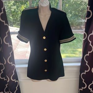 St. John navy and gold structured, knit sweater shirt.